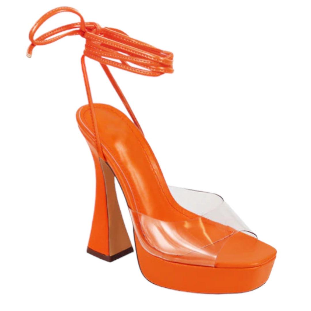 Tropical Orange Clear Platform Heels, Size 7.5 - 7Kouture