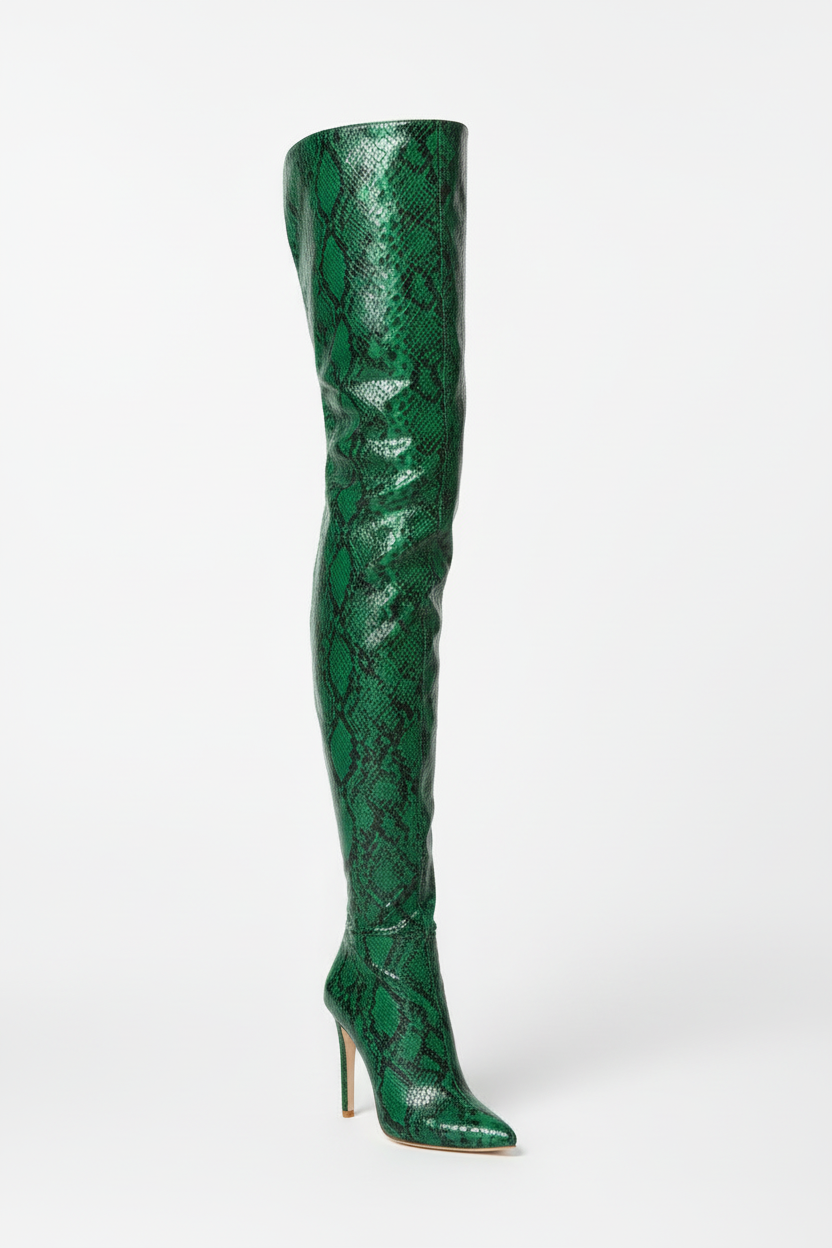 SNAKE PRINT STILETTO BOOTS, Green