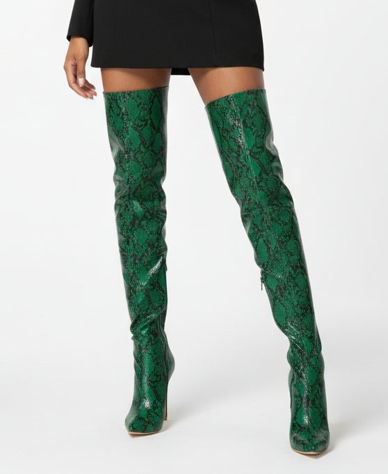 SNAKE PRINT STILETTO BOOTS, Green
