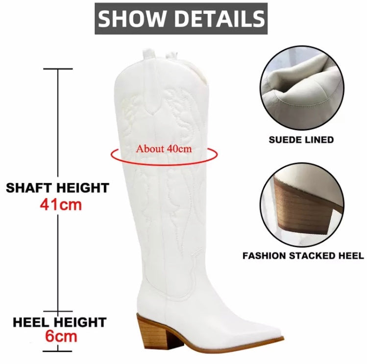 Women Retro White Knee High Cowboy Boots