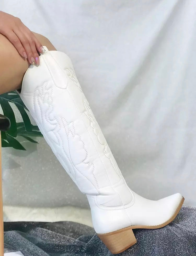 Women Retro White Knee High Cowboy Boots