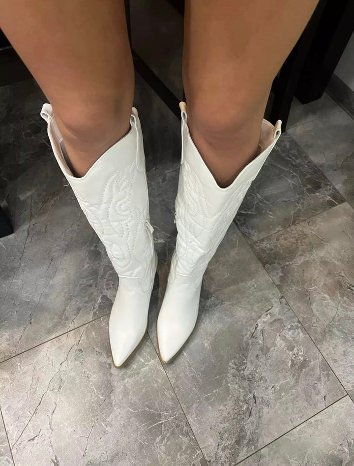 Women Retro White Knee High Cowboy Boots