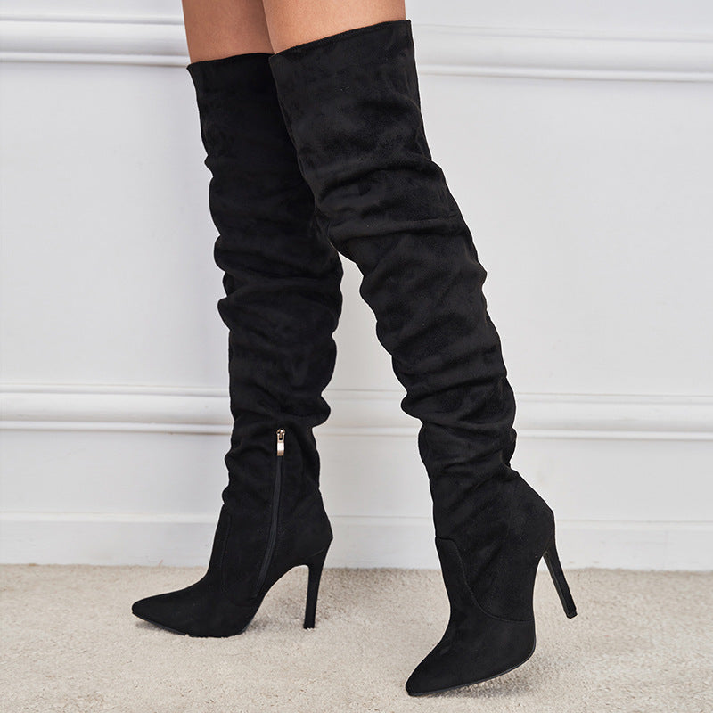 Pointed-Toe Suede Stiletto Boots with High Zipper
