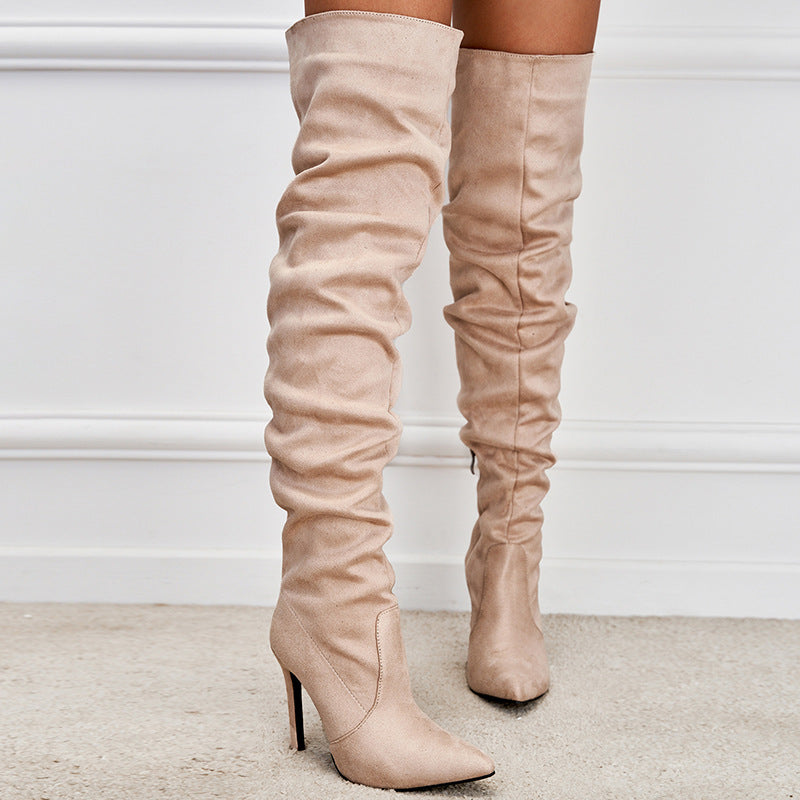 Pointed-Toe Suede Stiletto Boots with High Zipper