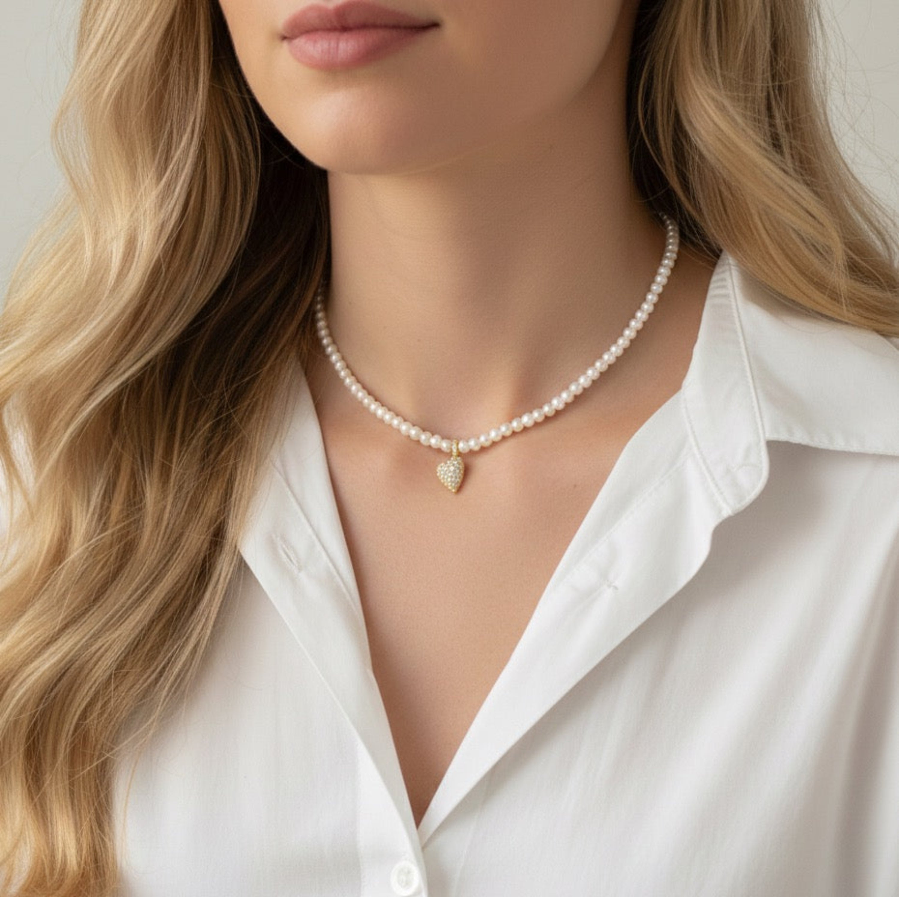 Pavé Crystal Heart Charm Pearl Necklace