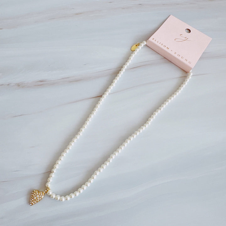 Pavé Crystal Heart Charm Pearl Necklace