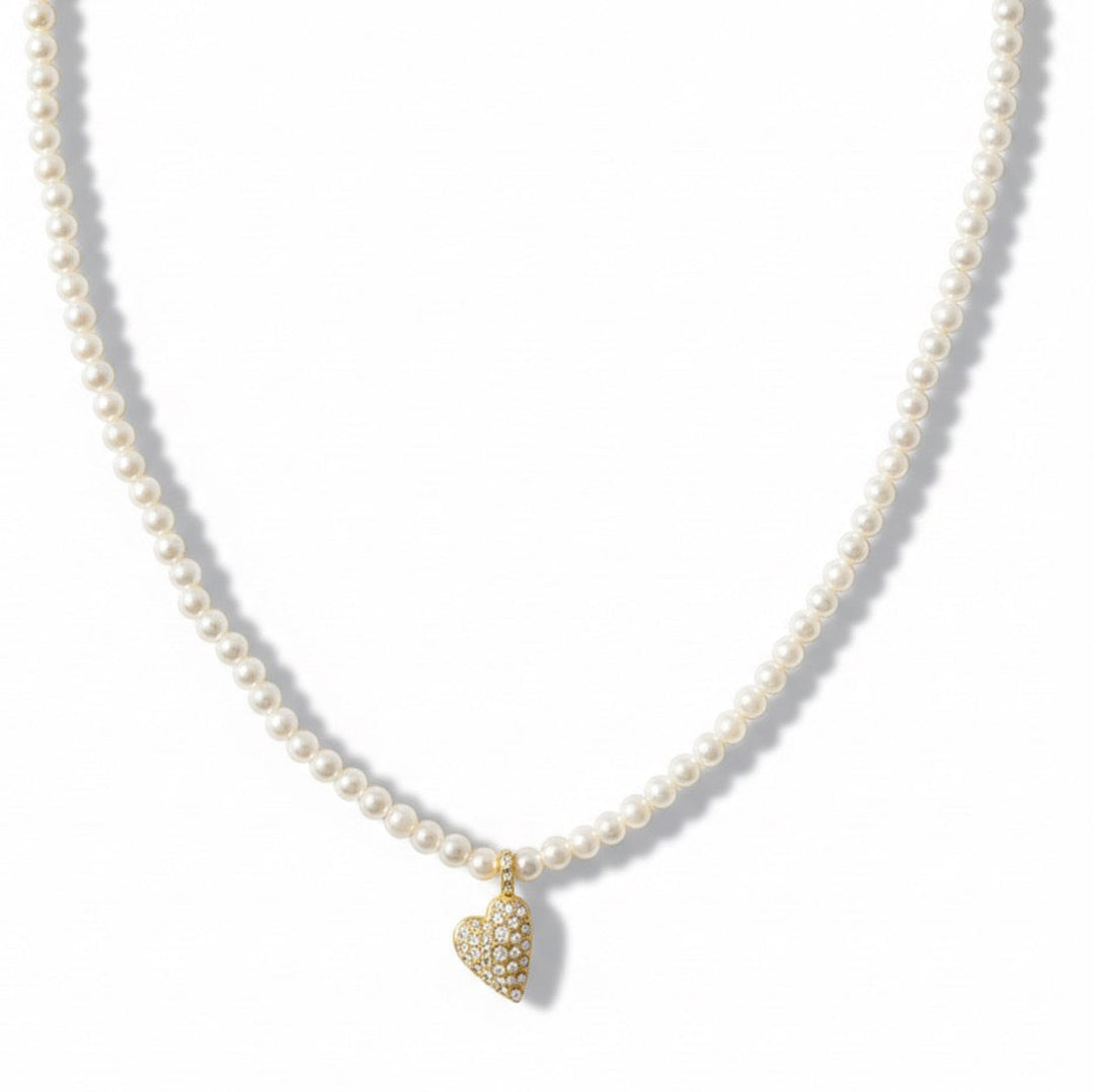 Pavé Crystal Heart Charm Pearl Necklace