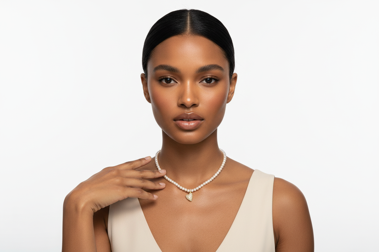 Pavé Crystal Heart Charm Pearl Necklace
