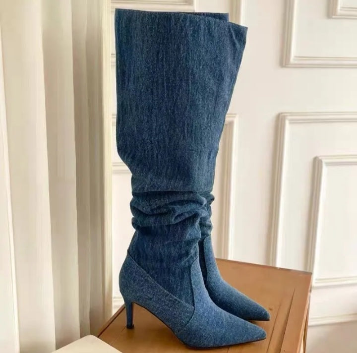 Pleated High Heels Knee High Women Denim Western Cowboy Boots