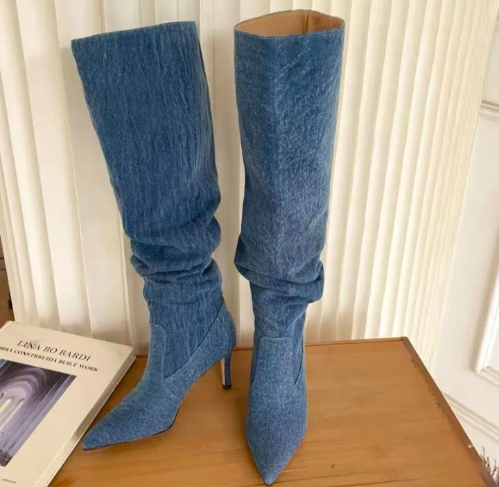 Pleated High Heels Knee High Women Denim Western Cowboy Boots