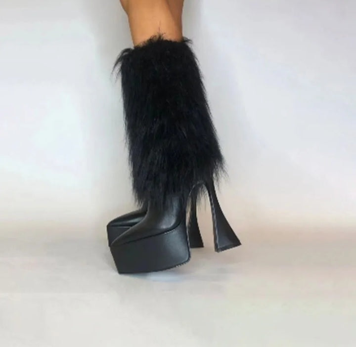 Furry Detail Leather Boots