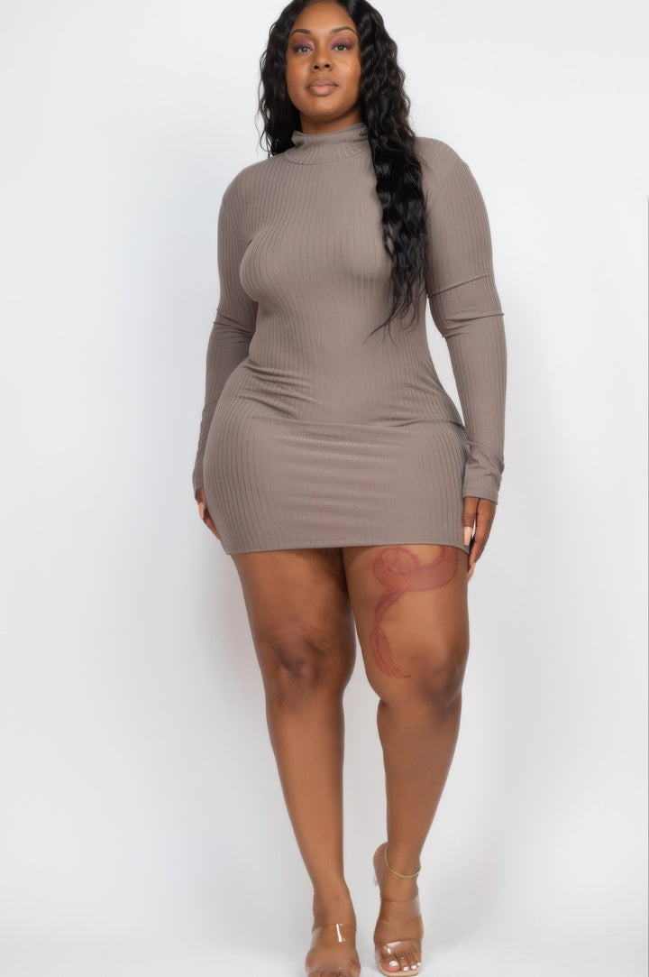 Plus Size Ribbed Long Sleeve Mock Neck Mini Bodycon Dress