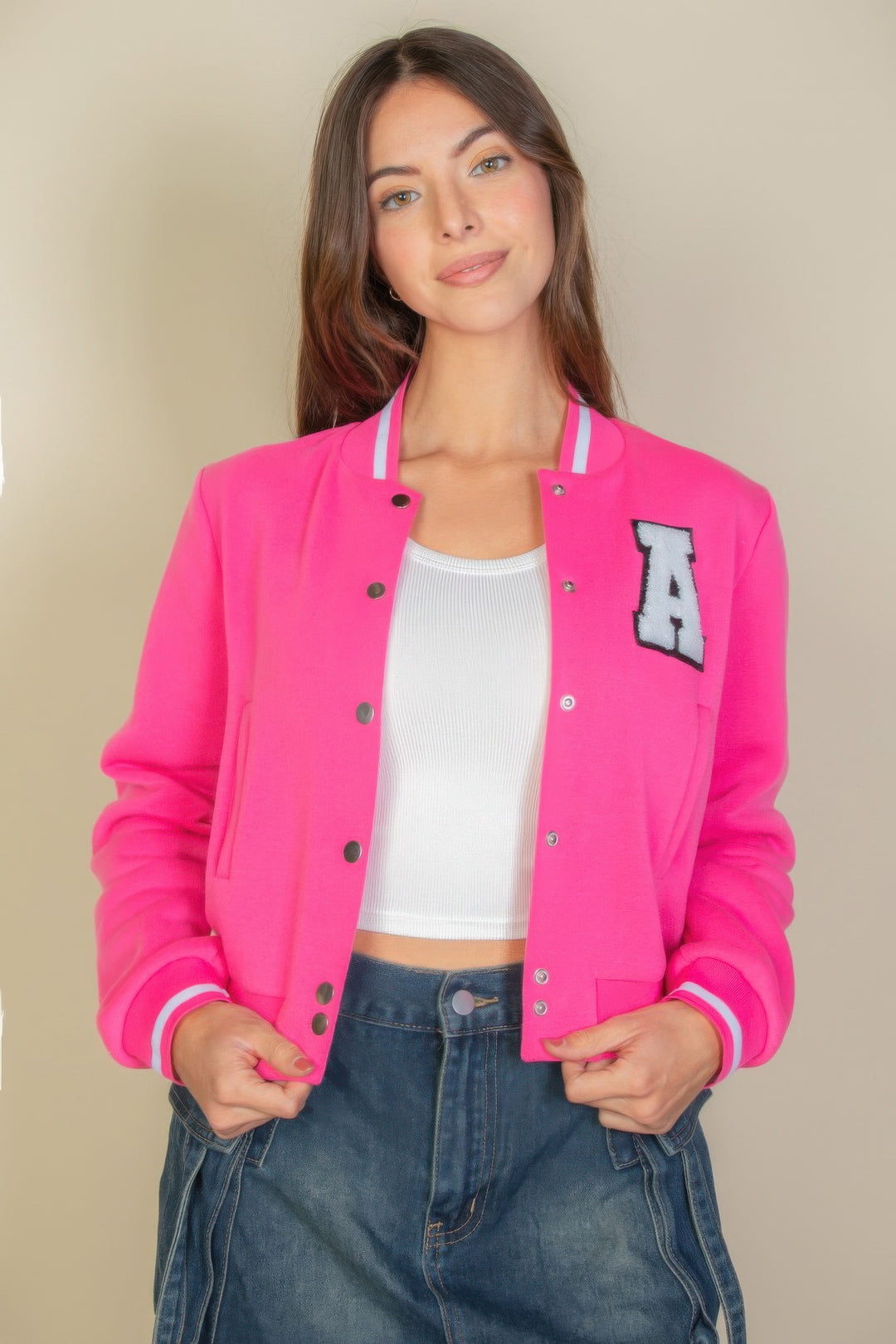 Letter Patched Crop Varsity Jacket