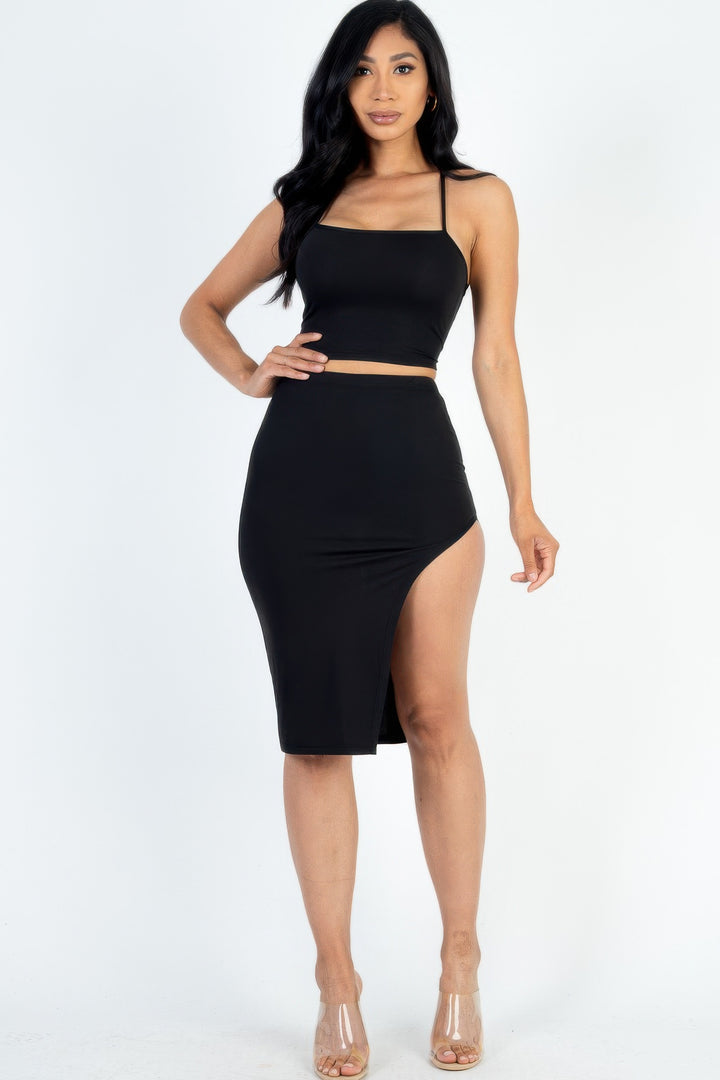 Crisscross Cami Crop Top & Split Midi Skirt Set