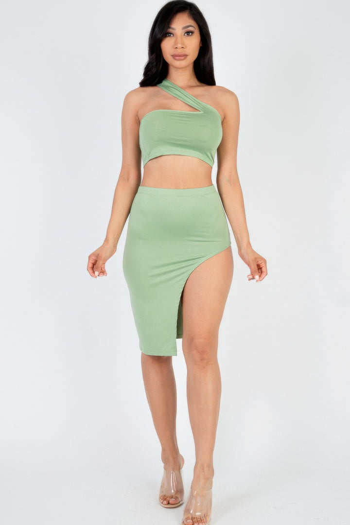 One Shoulder Crop Top & Split Thigh Midi Skirt Set