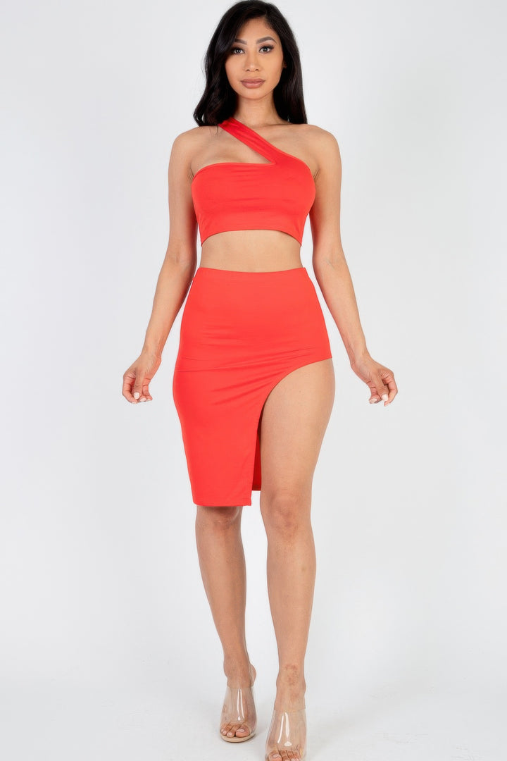 One Shoulder Crop Top & Split Thigh Midi Skirt Set