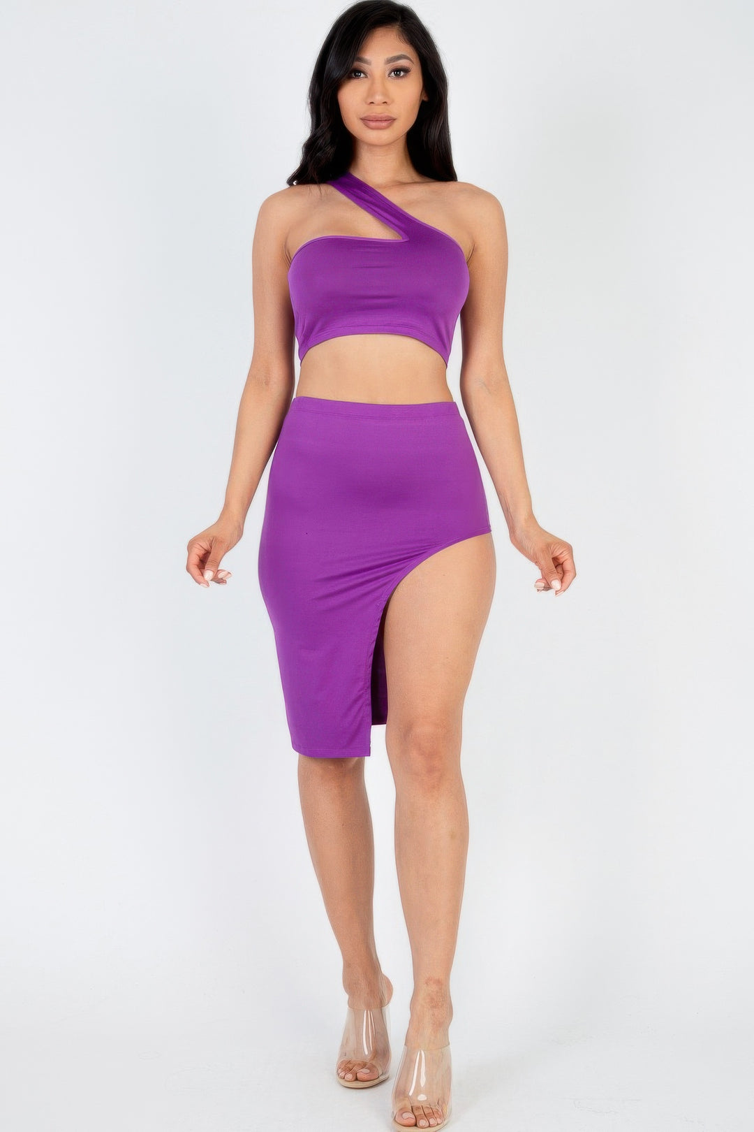 One Shoulder Crop Top & Split Thigh Midi Skirt Set