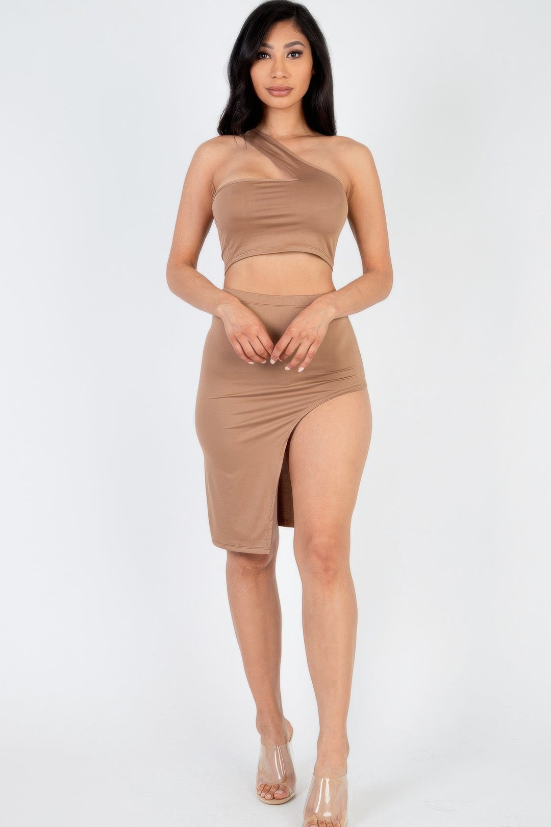 One Shoulder Crop Top & Split Thigh Midi Skirt Set