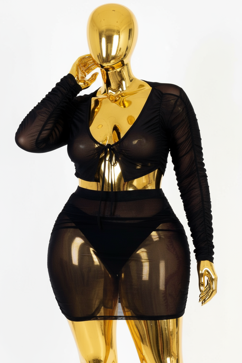 Plus Size Sheer Mesh Tie Front Crop Top & Ruched Side Mini Dress