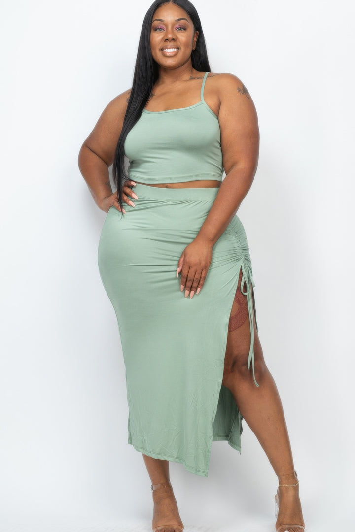 Plus Size Cami Crop Top & Ruched Midi Skirt Set