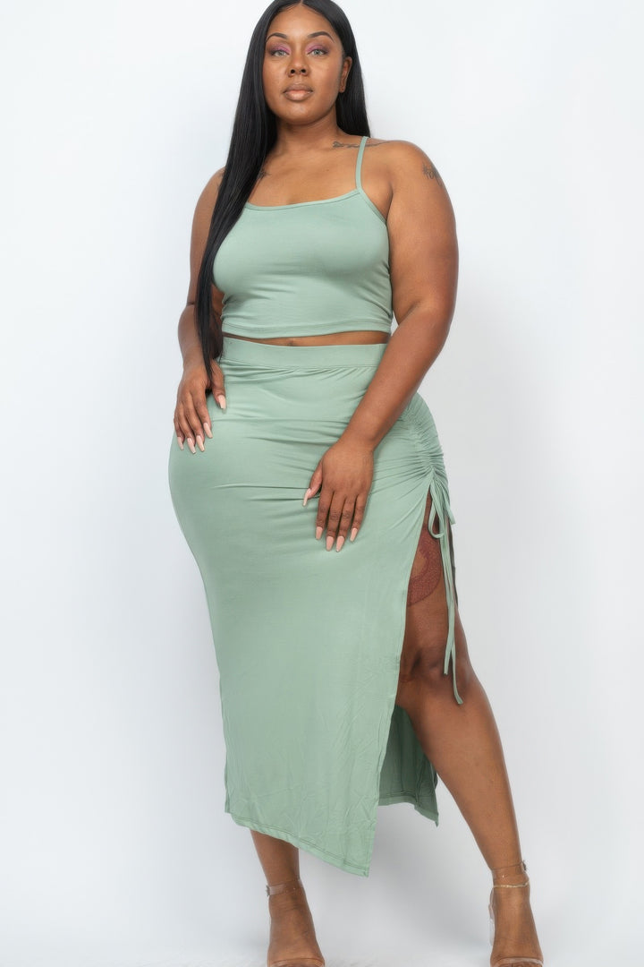 Plus Size Cami Crop Top & Ruched Midi Skirt Set