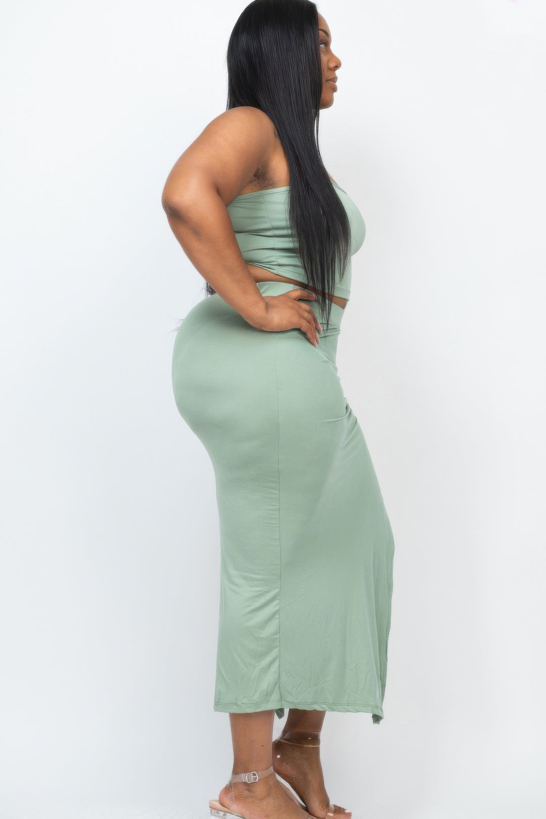 Plus Size Cami Crop Top & Ruched Midi Skirt Set