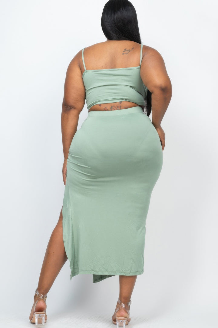 Plus Size Cami Crop Top & Ruched Midi Skirt Set