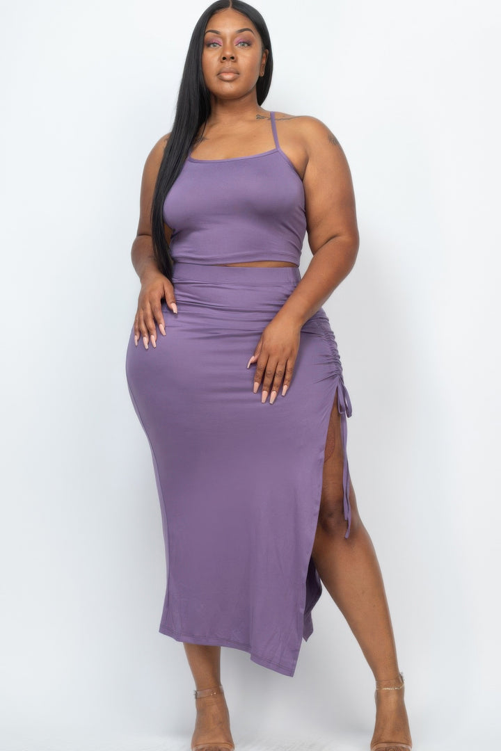 Plus Size Cami Crop Top & Ruched Midi Skirt Set