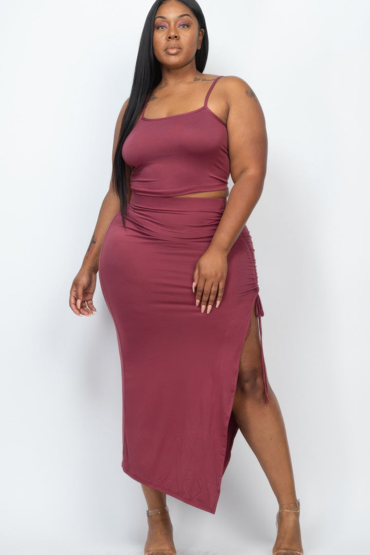 Plus Size Cami Crop Top & Ruched Midi Skirt Set