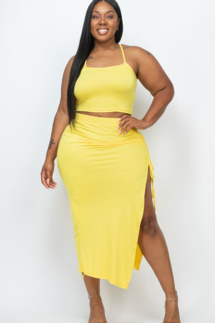 Plus Size Cami Crop Top & Ruched Midi Skirt Set