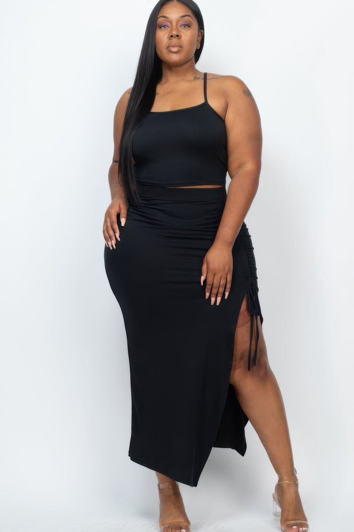 Plus Size Cami Crop Top & Ruched Midi Skirt Set