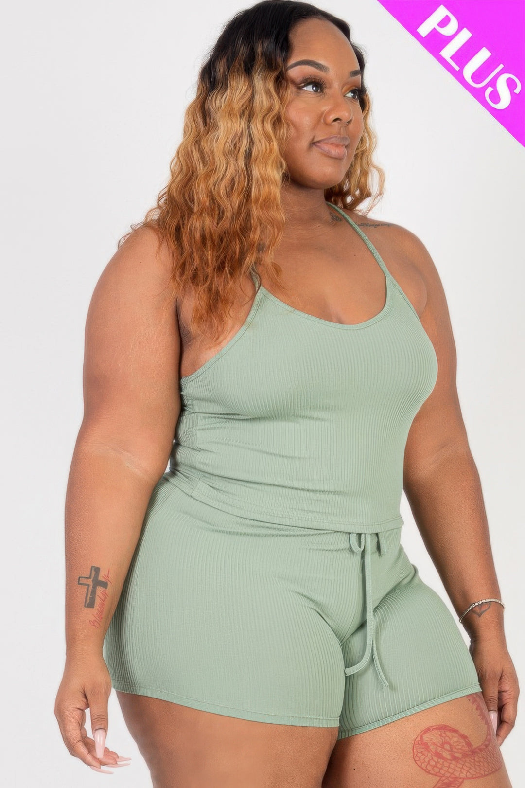 Plus Size Ribbed Crop Cami Top & Shorts Set