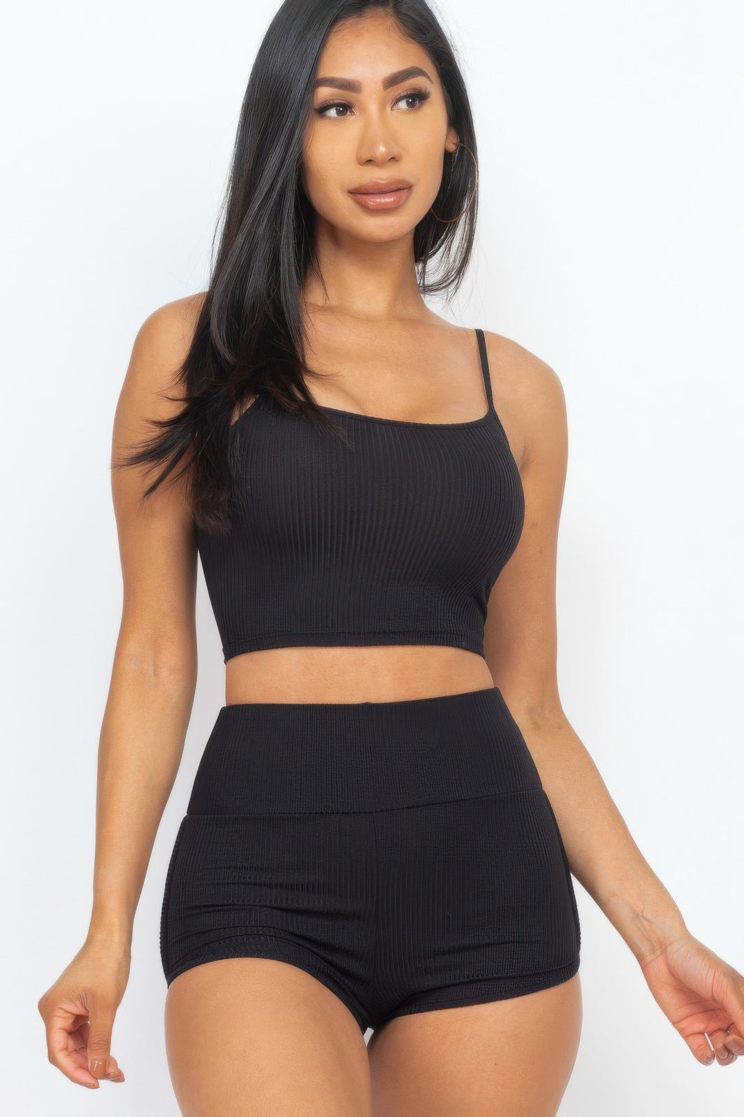 Ribbed Cami Crop Top & Ruched Shorts Set