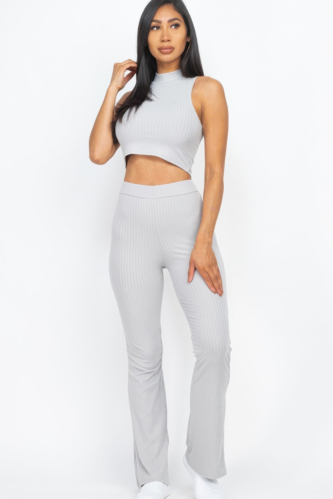 Ribbed Mock Neck Crop Tank Top & Bootcut Pants Set