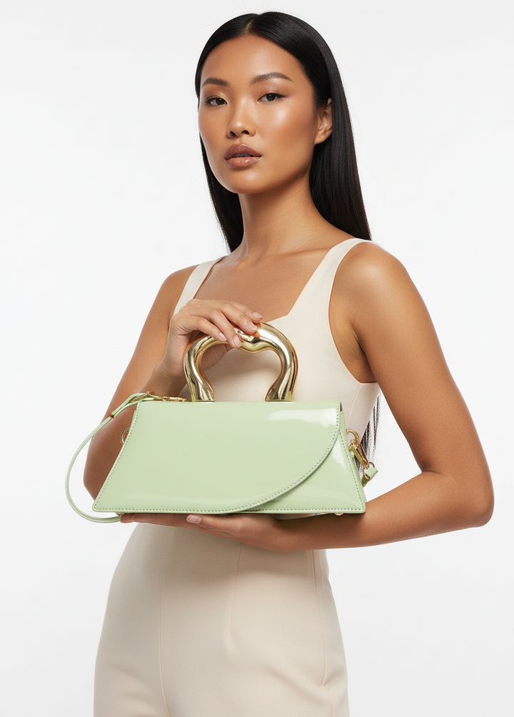 Faux Leather Metal Handle Flap Bag