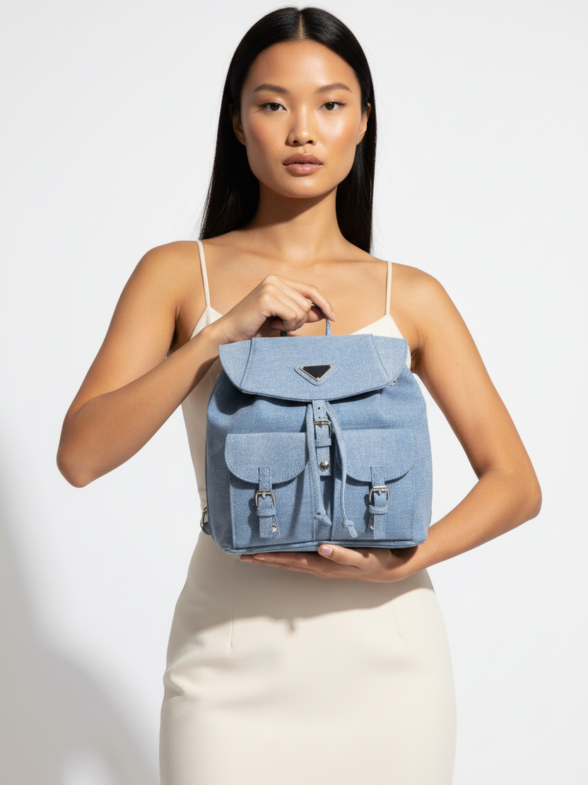 Denim Double Pocket Front Backpack
