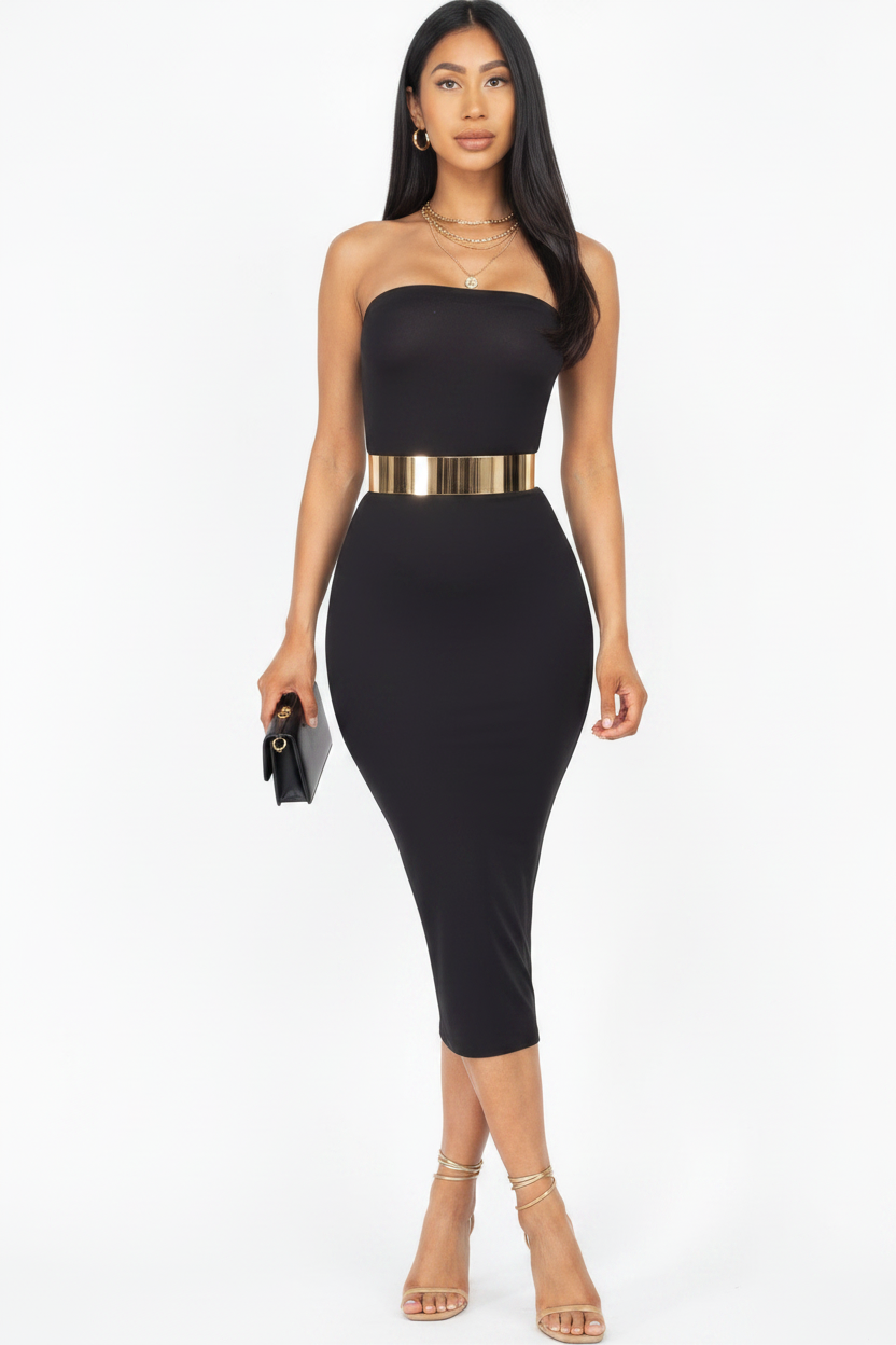 Strapless Tube Bodycon Midi Dress