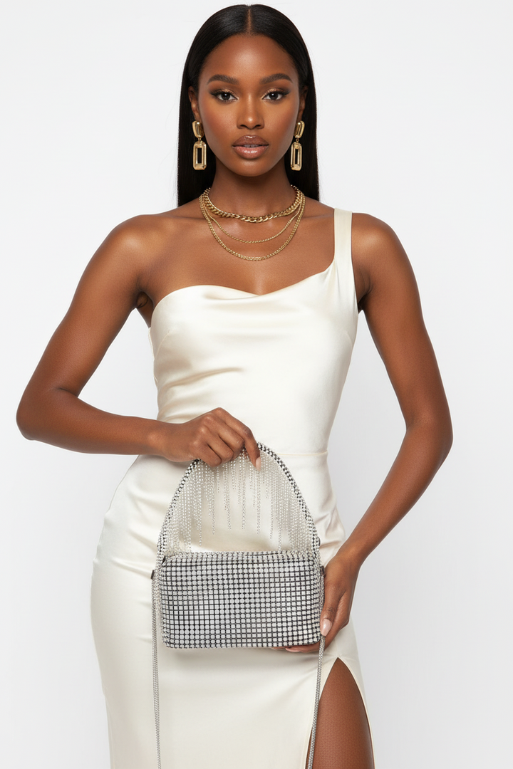 Oversized Rhinestone Fringe Strap Clutch