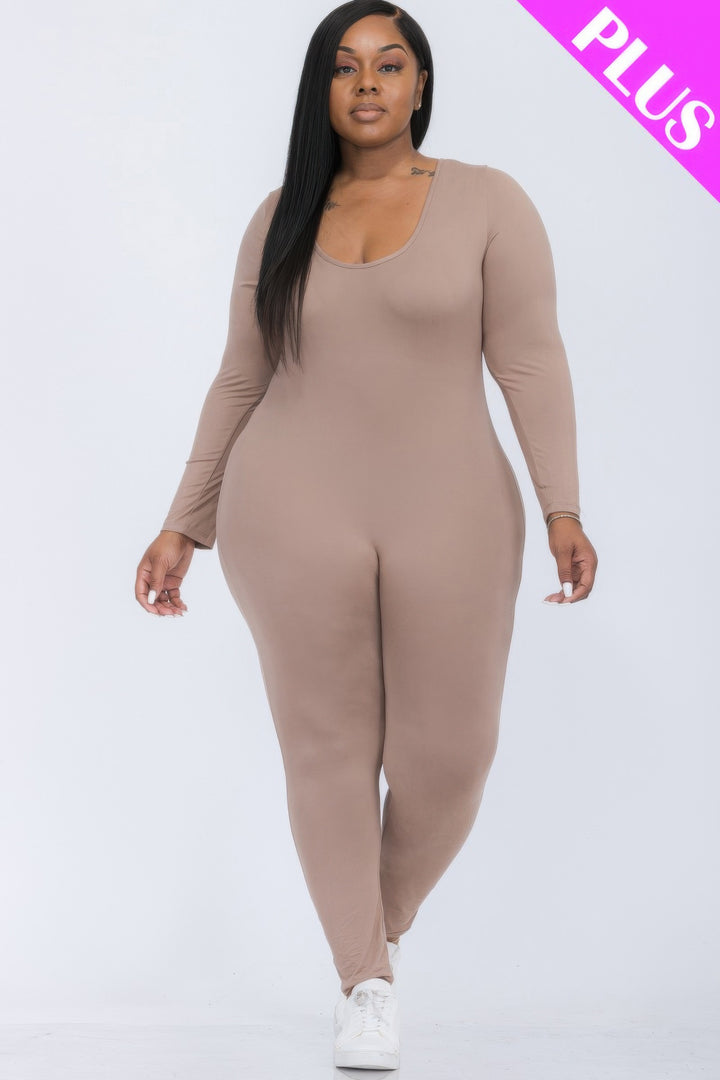 Plus Size Scoop Neck Long Sleeve Bodycon Jumpsuit