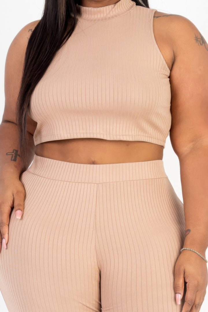 Plus Size Ribbed Mock Neck Crop Tank Top& Bootcut Pants Set