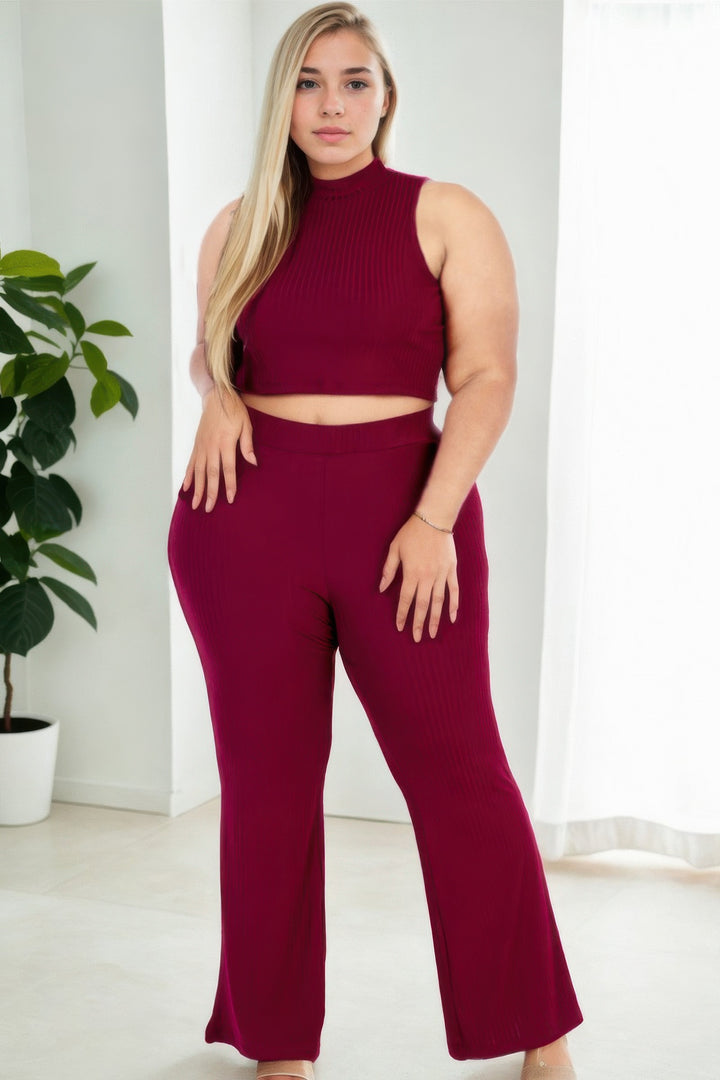 Plus Size Ribbed Mock Neck Crop Tank Top& Bootcut Pants Set