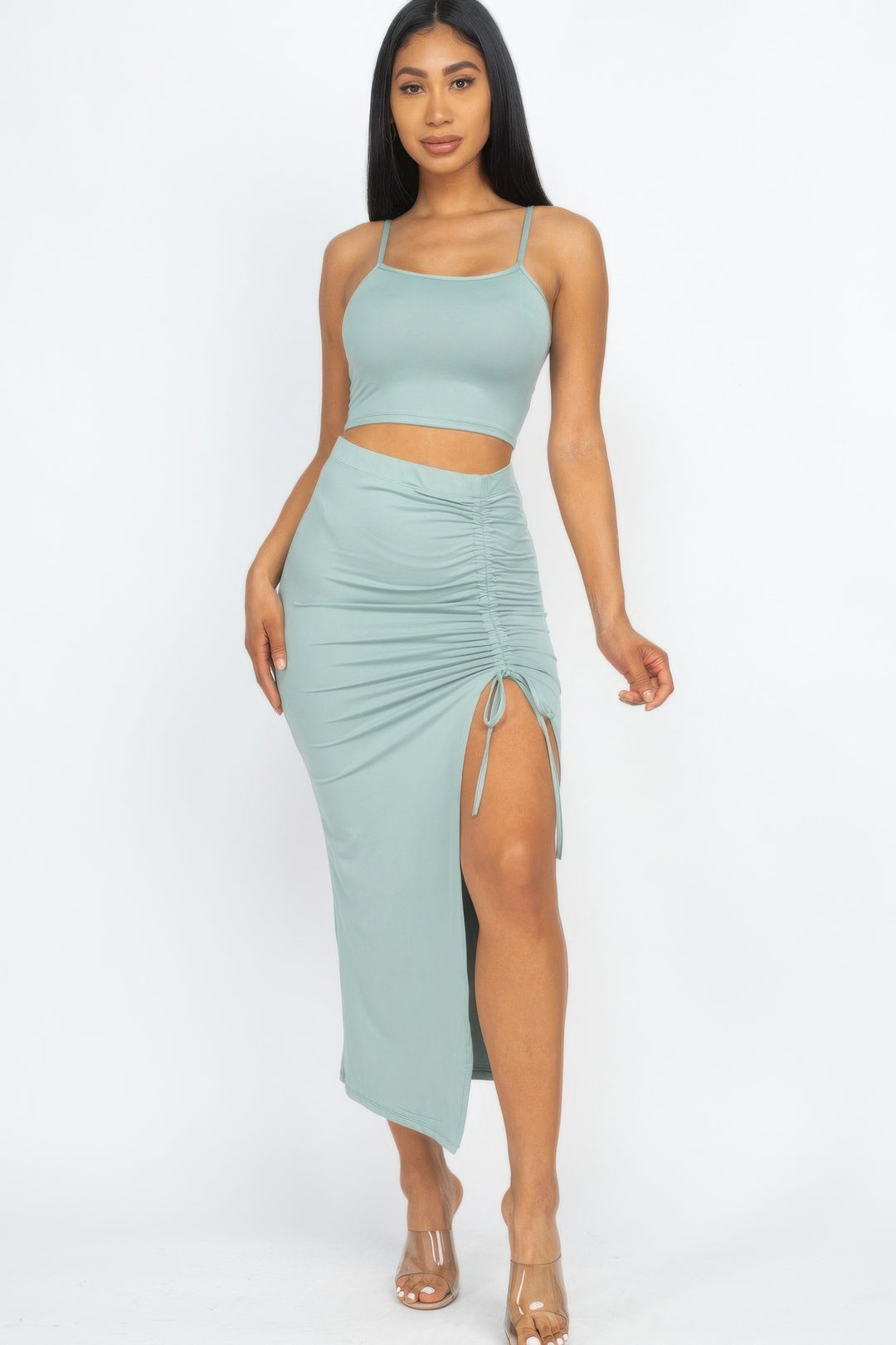 Cami Crop Top & Ruched Side Split Hem Midi Skirt Set