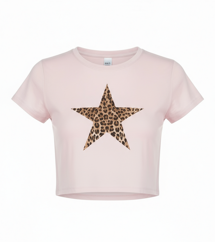 Leopard Print Star Crew Neck Slim Fitted Shirt
