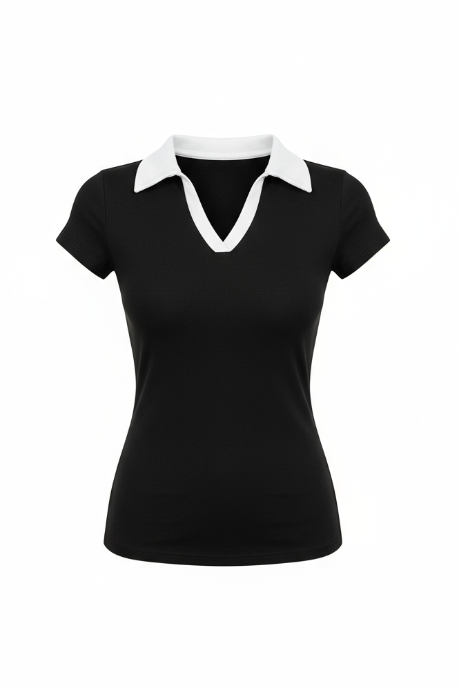 Color Block Polo Collar V Neck Slim Fit Shirt