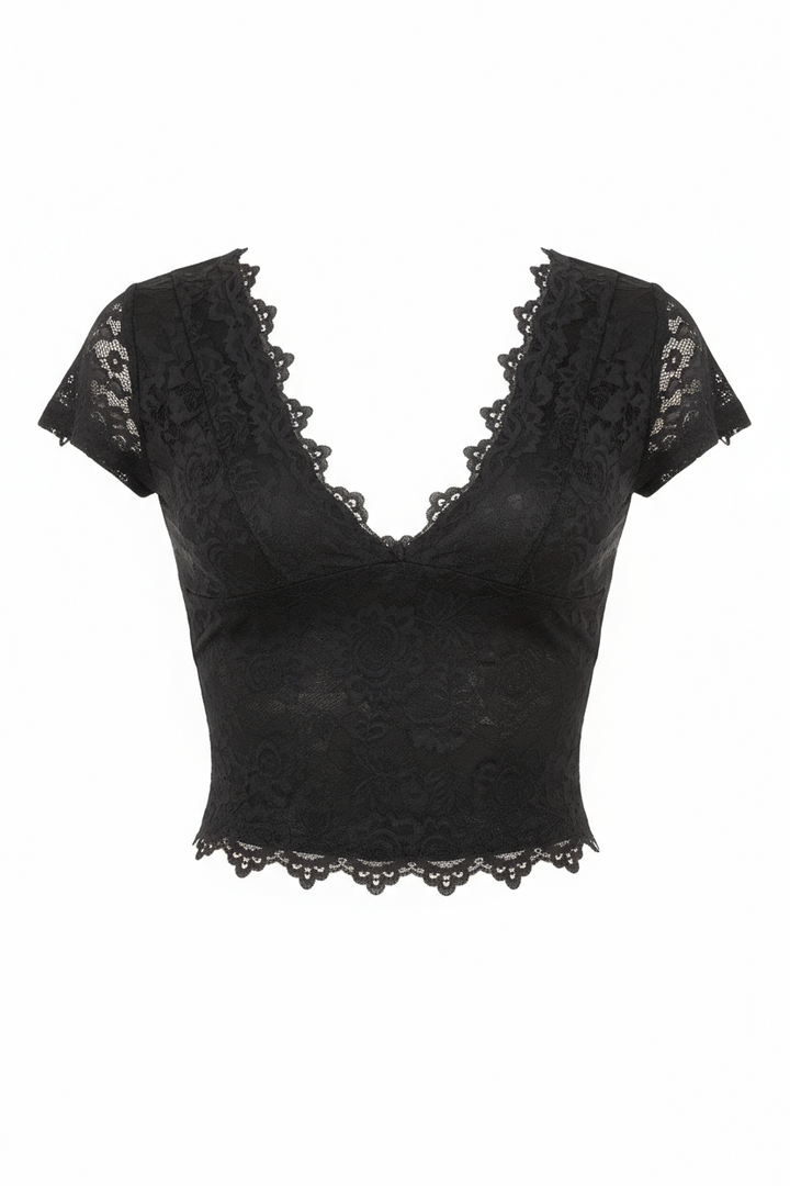 Solid Color Block V Neck Lace Trim Fit Shirt