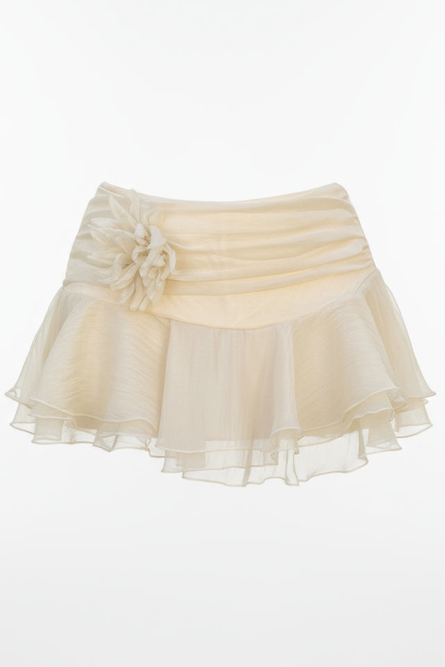 Floral Decoration Solid Ruched Waist Ruffle Skirt