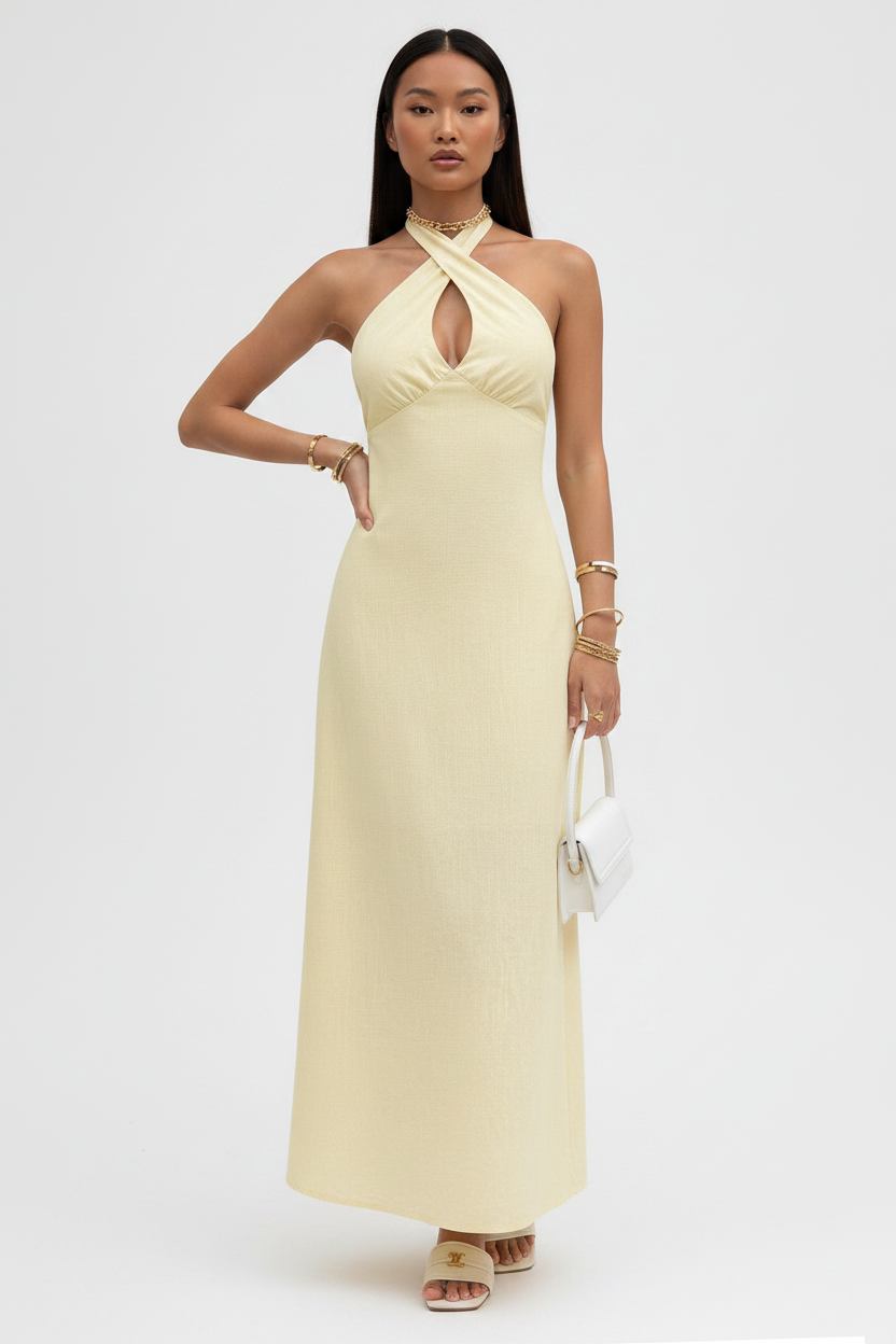 Solid Halter Cross Neck Backless Full Dress