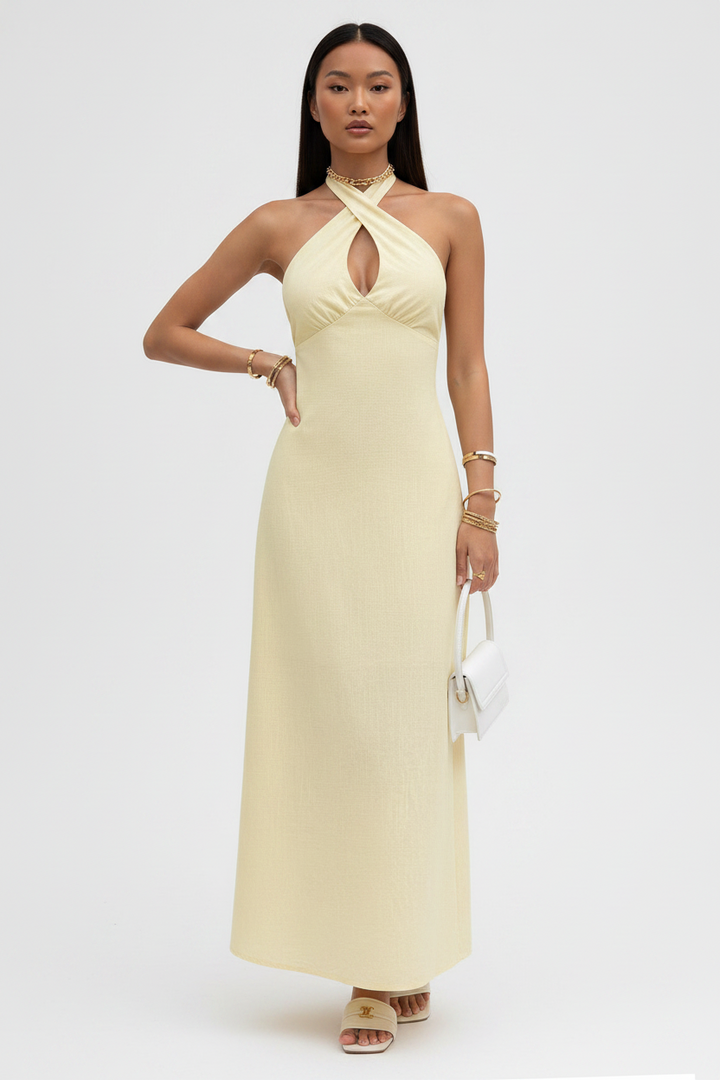 Solid Halter Cross Neck Backless Full Dress