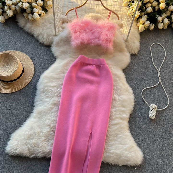 Women's Barbie Pink Outfit Set Short Top+Elastic Knit Long Skirt