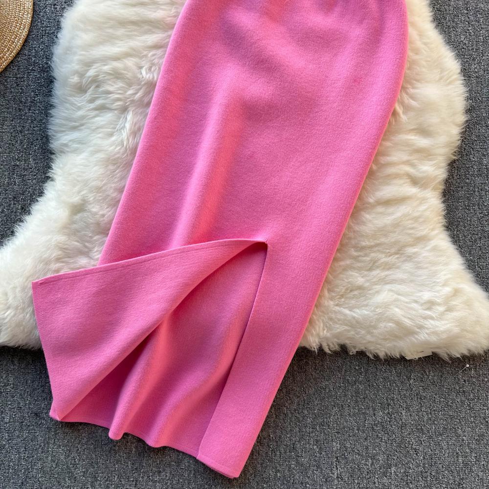 Women's Barbie Pink Outfit Set Short Top+Elastic Knit Long Skirt